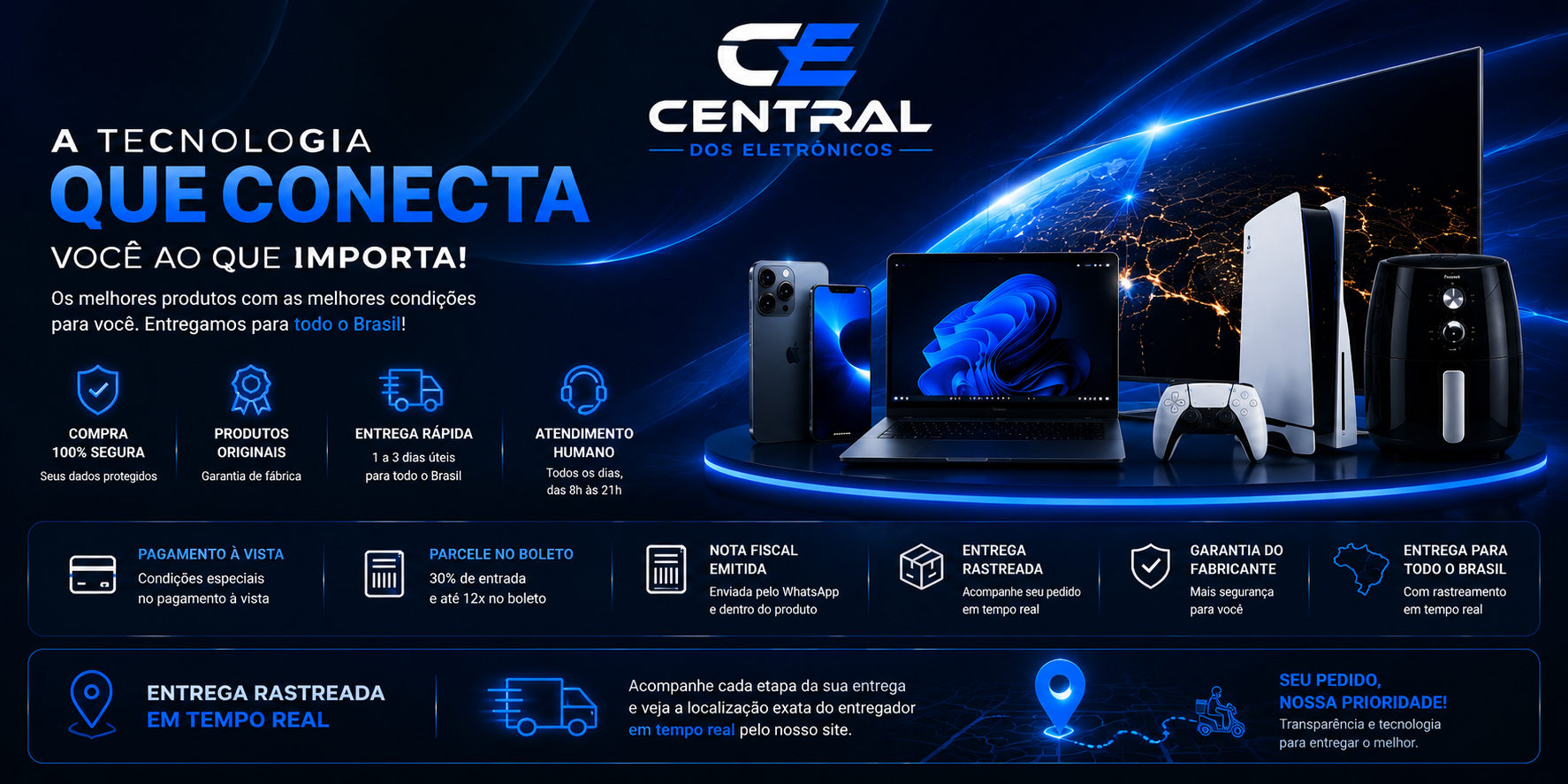 A tecnologia que conecta você ao que importa: celulares, notebook, TV, videogame e air fryer com entrega para todo o Brasil
